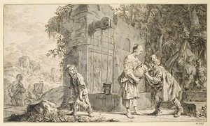 Rebecca and Eliezer、1660（ペンとインク、紙の上で洗う） 作： Salomon de Bray
